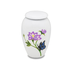 Butterfly Landing Token Urn is from the hand painted line and a flitting butterfly as it descends on a flower. All token urns have a 3 CI capacity, as they are intended for a memorial item rather then an actual internment. A velvet carrying pouch is included and all tokens feature a threaded, airtight screw-on lid. Made of aluminum H – 2.5 inches x D – 2.5 inches Capacity for this urn is 3 cubic inches, roughly stated one pound of pre-cremation weight is equal to one cubic inch of volume.