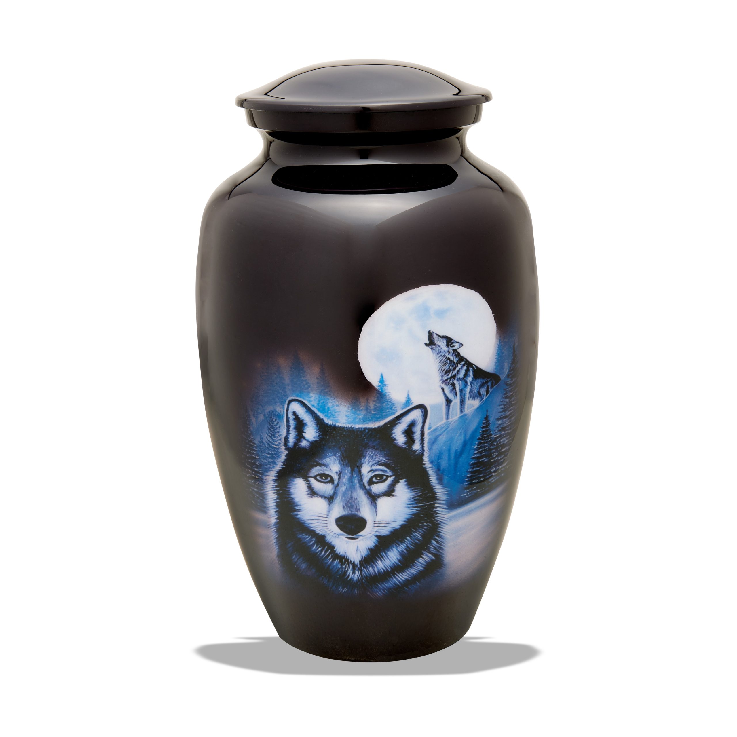 Decorative urn with wolf and moon artwork