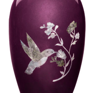 Purple vase with hummingbird and floral design.