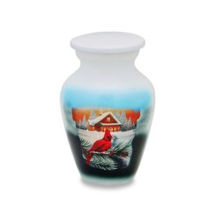 Decorative vase with winter cardinal scene.