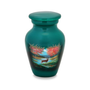 Decorative teal vase with painted autumn landscape design.