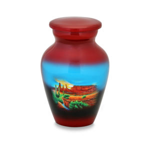 Decorative red and blue gradient vase with landscape painting.