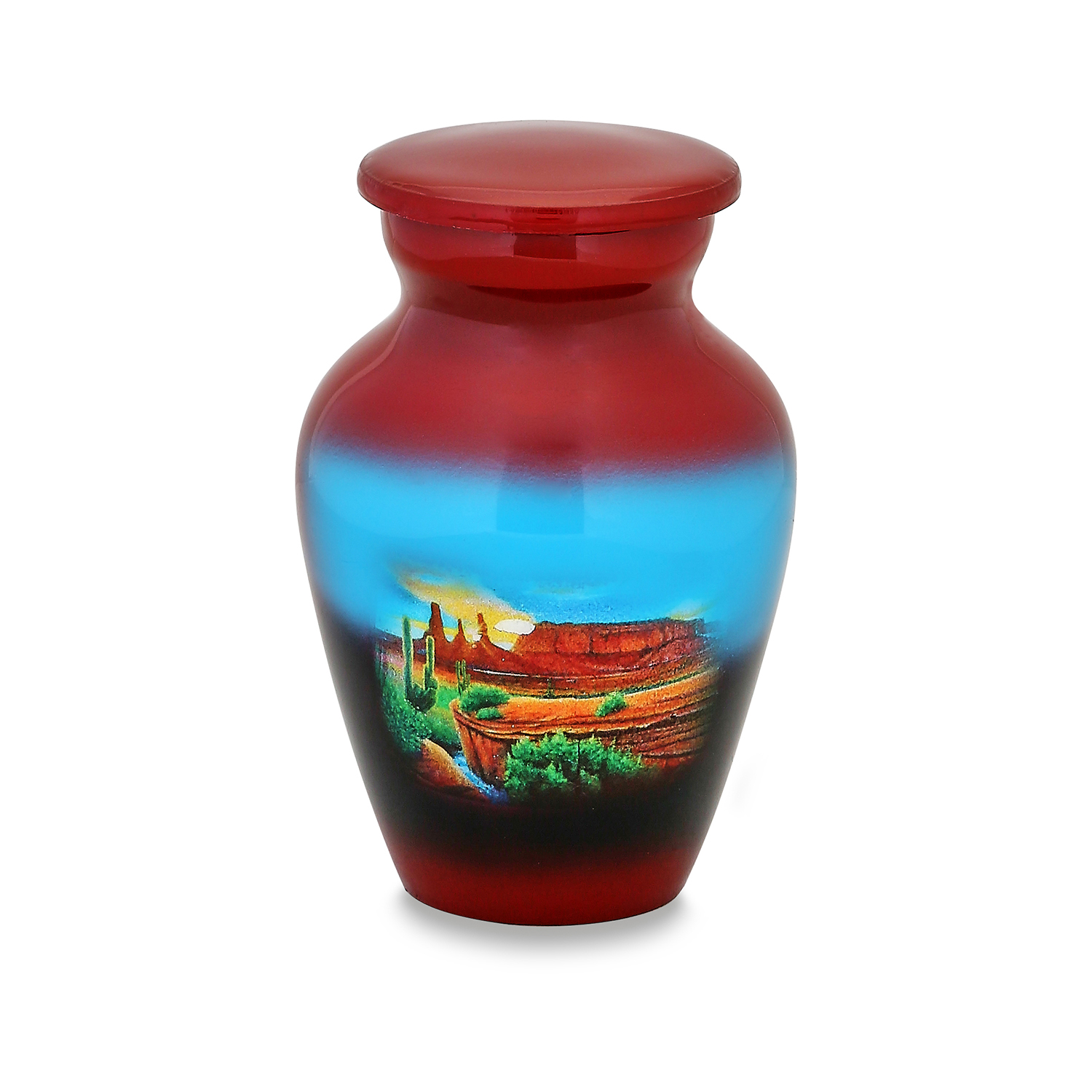 Decorative red and blue gradient vase with landscape painting.