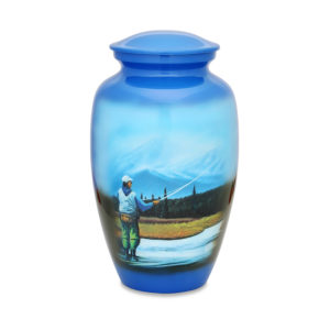 Blue urn with painted fishing scene.
