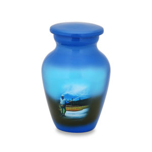 Blue vase with painted fishing scene