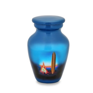 Blue vase with painted sunset and surfboard design.
