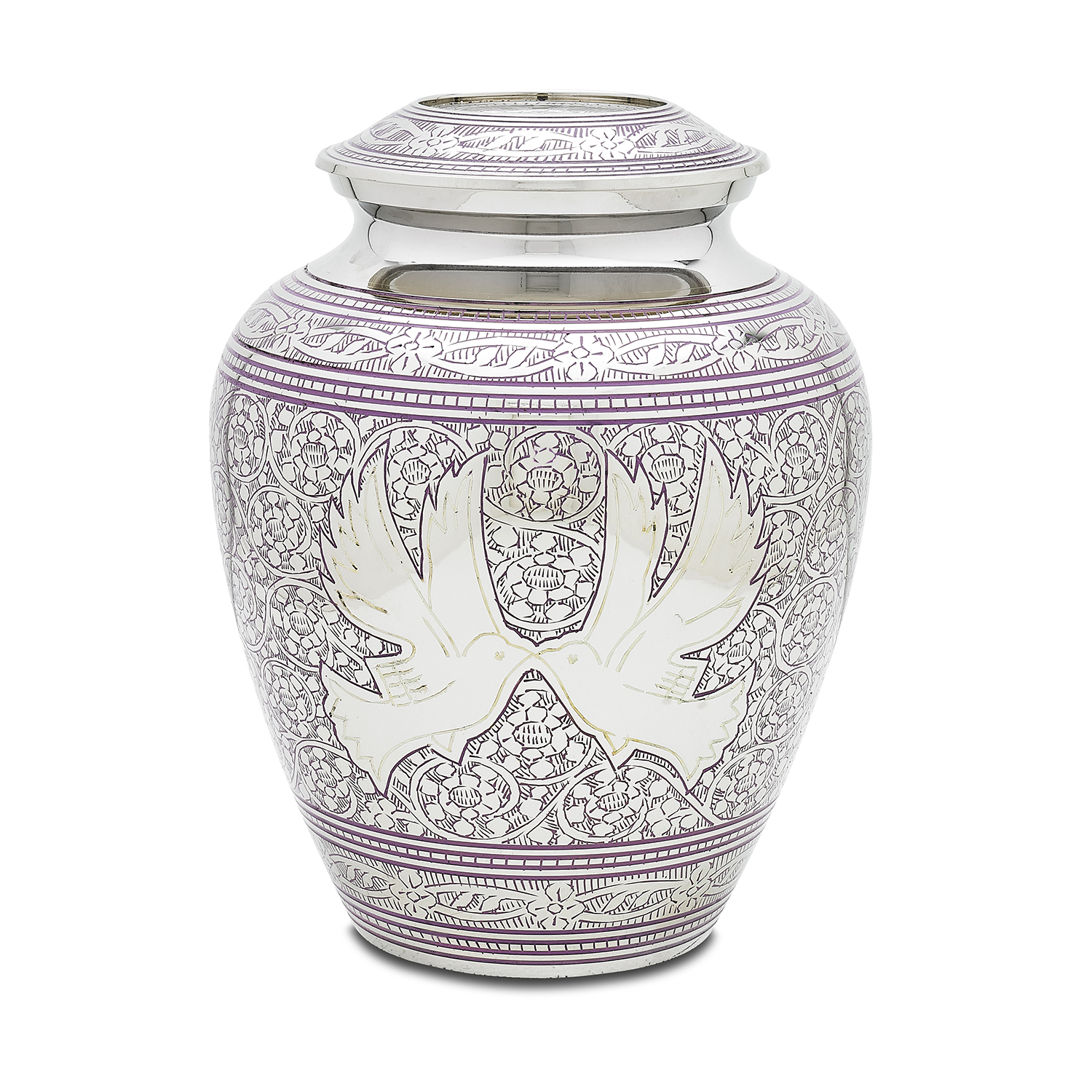Decorative purple floral ceramic urn on white background.