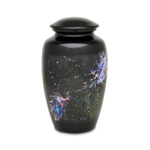 Black urn with colorful abstract design.
