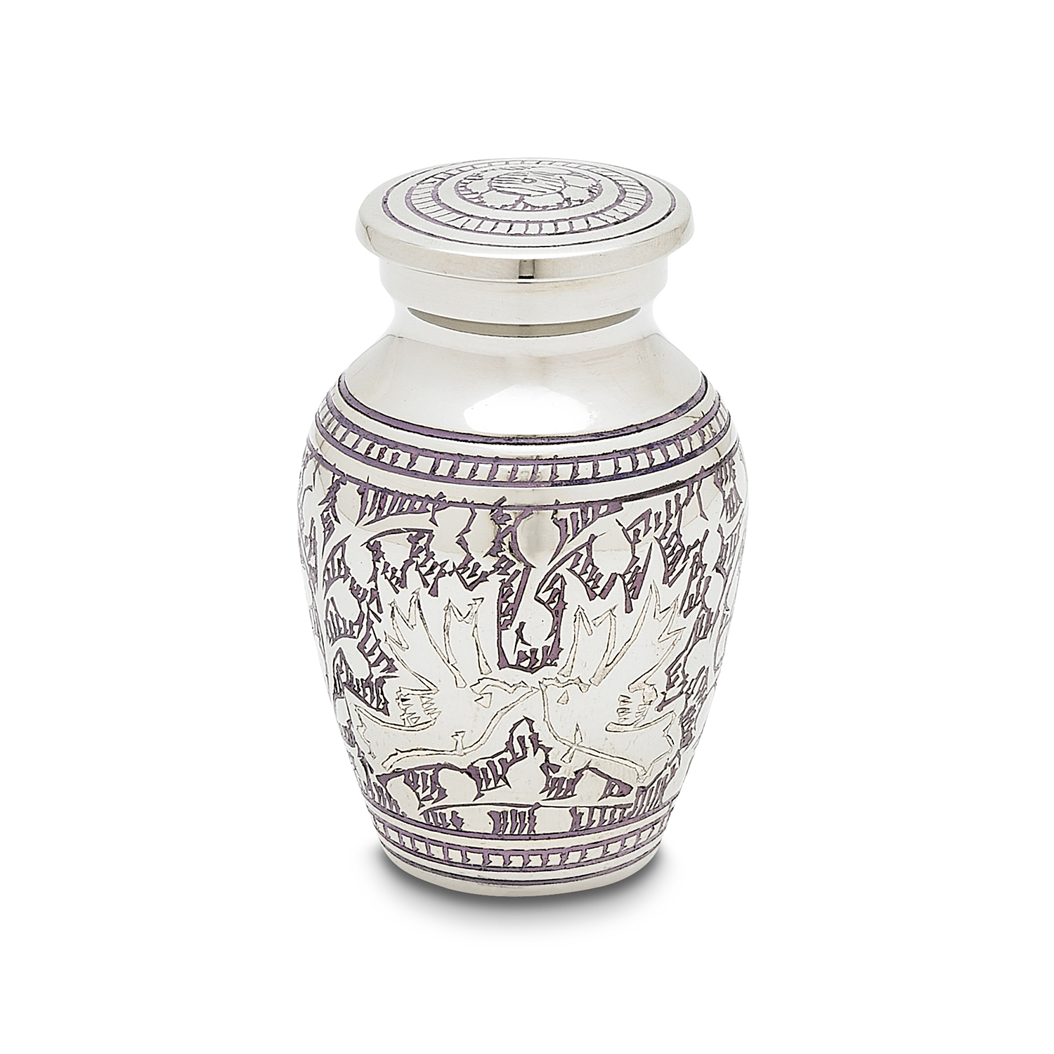 Decorative white ceramic urn with purple mythological motifs.