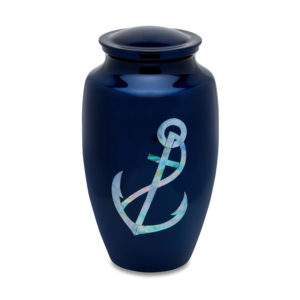 Navy blue urn with pearlescent anchor design.