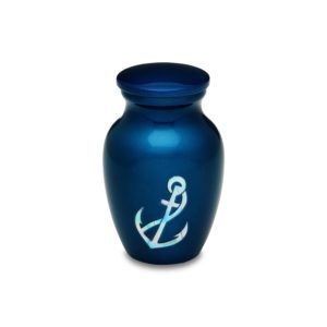 Blue vase with anchor design on white background.