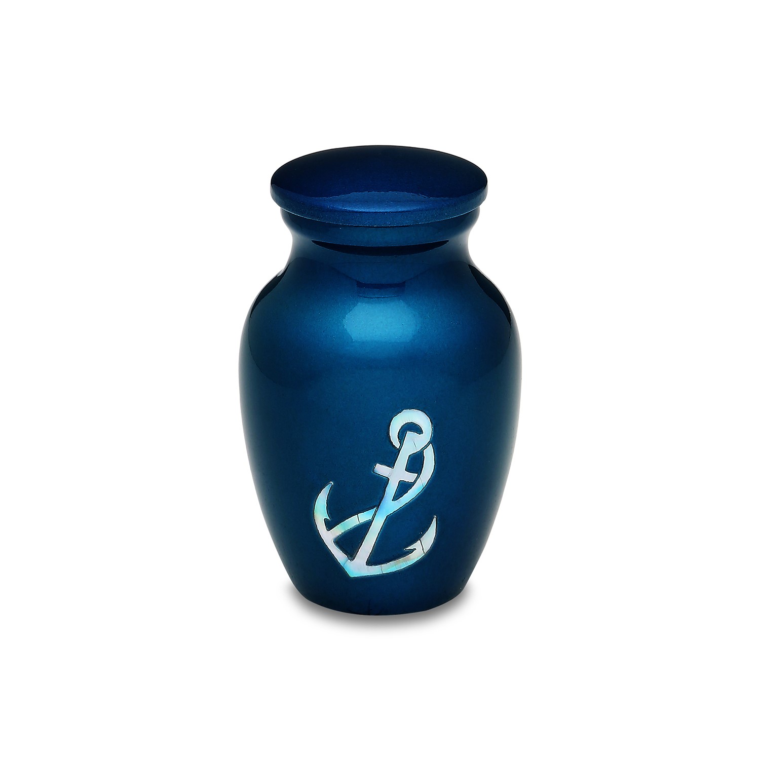 Blue vase with anchor design on white background.