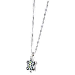 Silver turtle pendant with green gemstones on chain.