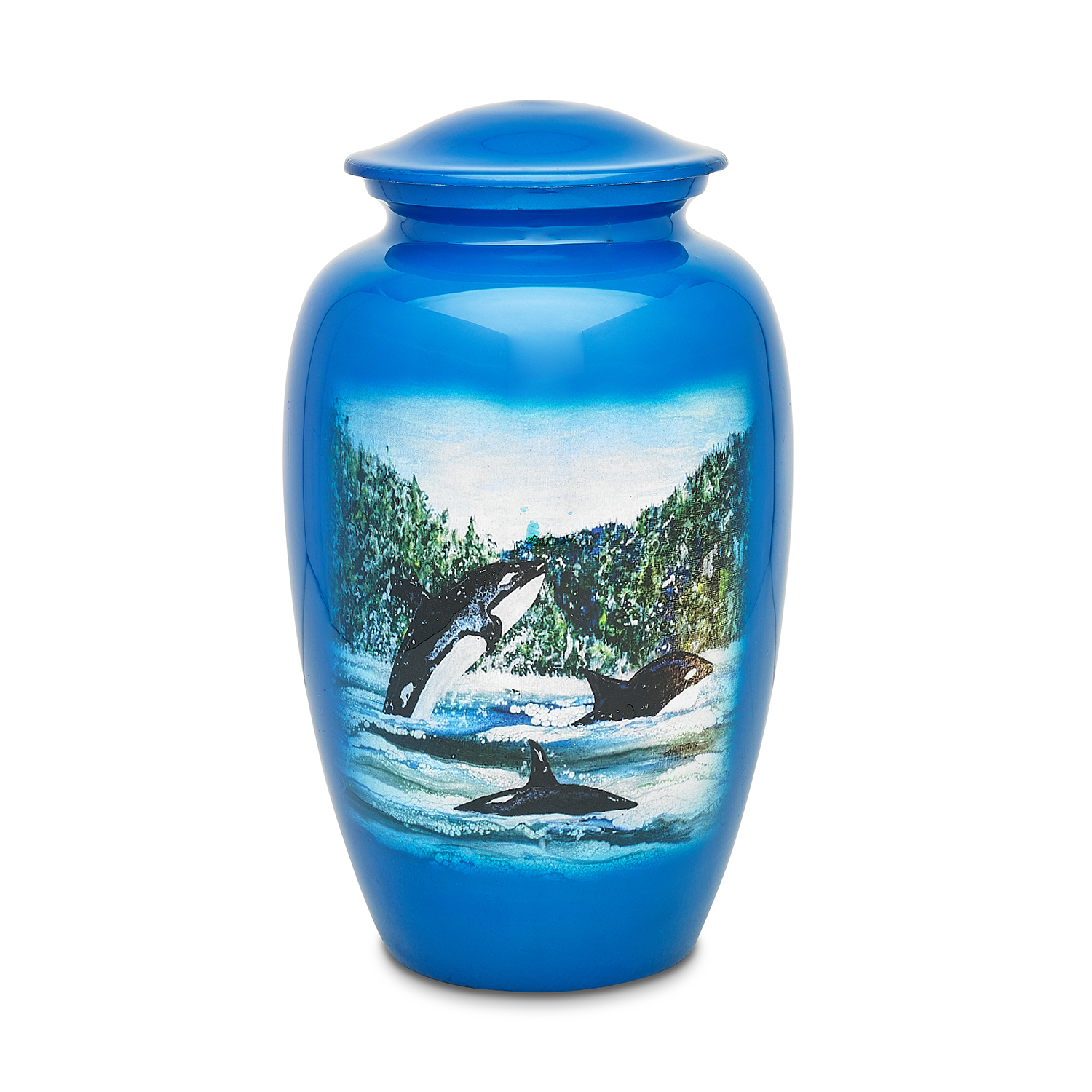 Blue urn with orca painting on white background.