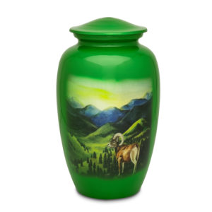 Green urn with mountain and ram illustration