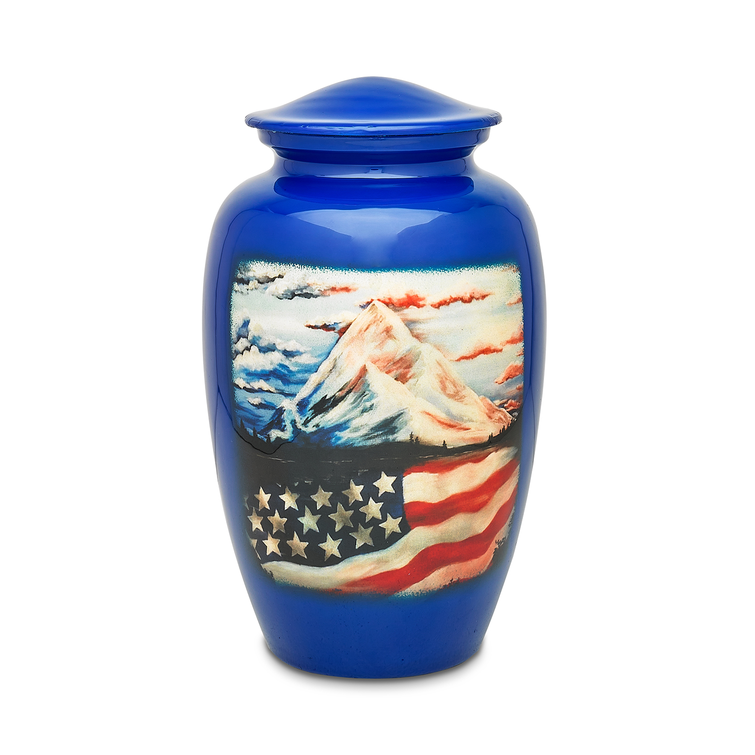 Blue urn with American flag and mountain scene.