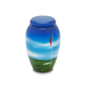 Blue and green hand-blown glass urn.