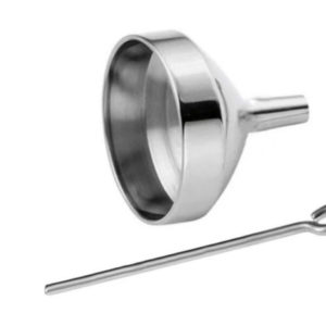Stainless steel funnel and metal skewer on white background.