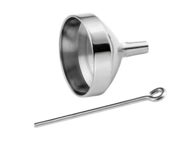Stainless steel funnel and metal skewer on white background.