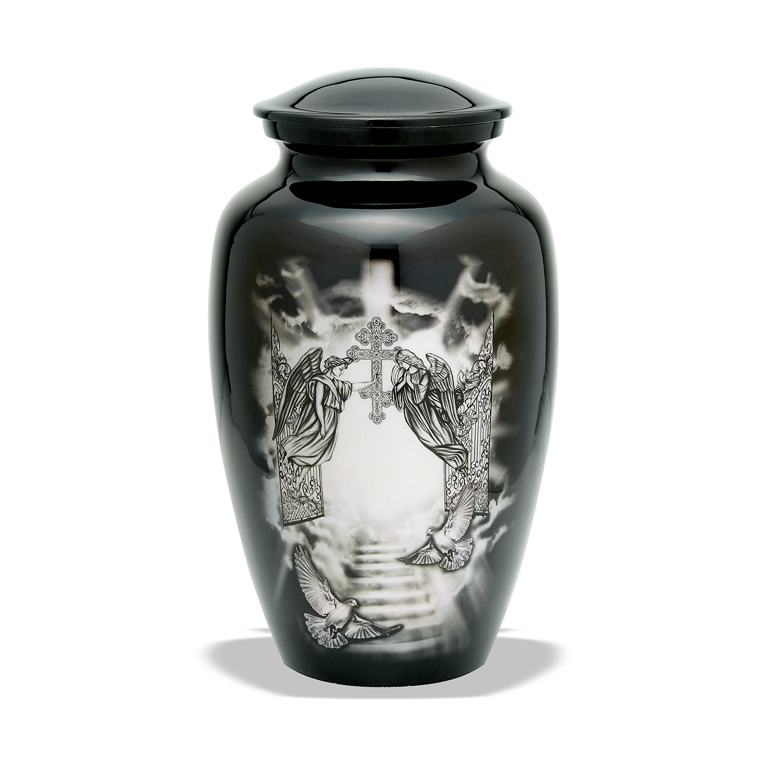 Decorative urn with angel and cross imagery.