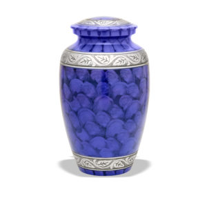 Blue decorative vase with patterned trim on white background.