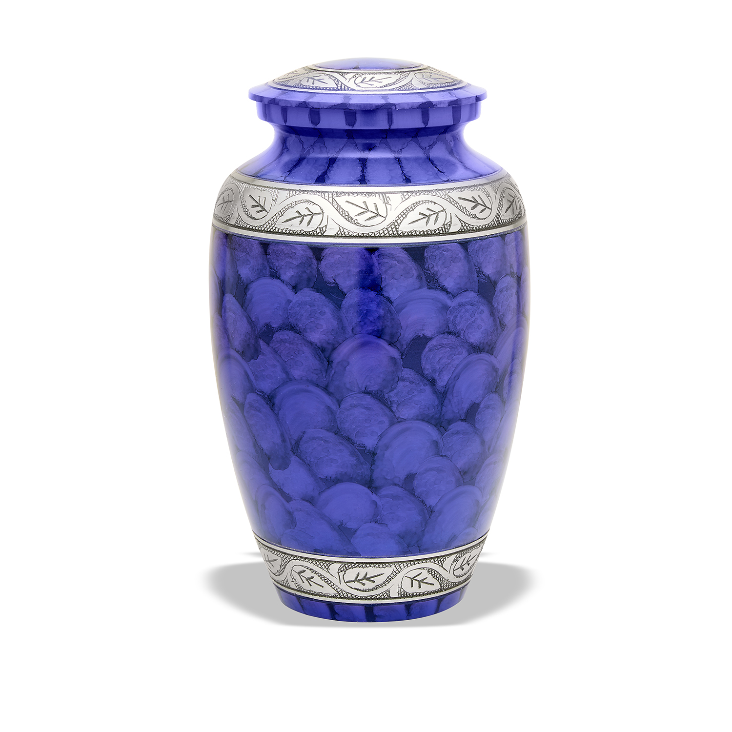 Blue decorative vase with patterned trim on white background.