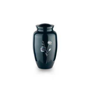 Elegant black vase with painted rose design.