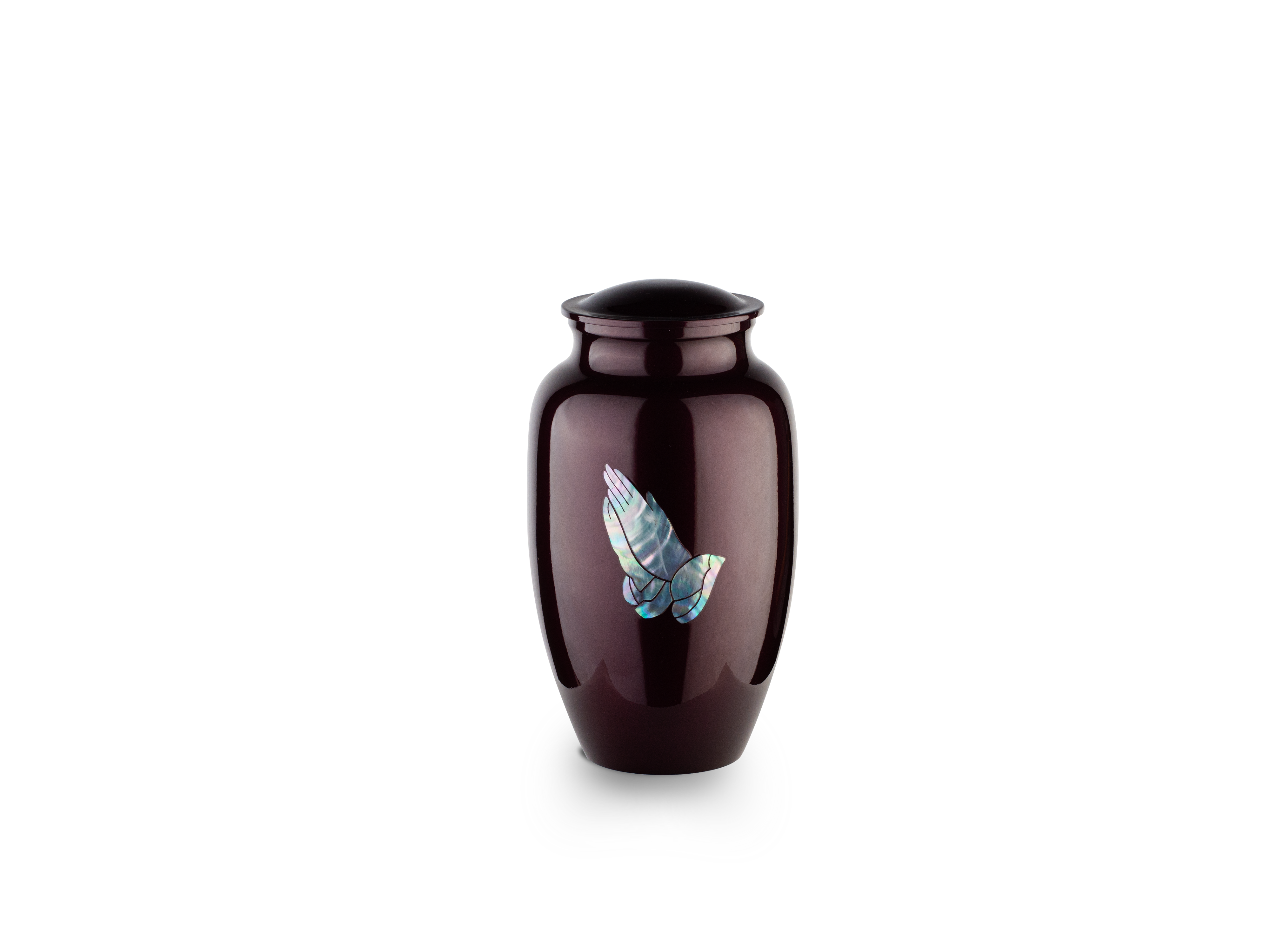 Elegant maroon vase with iridescent fish design, isolated.