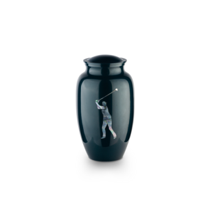 Black vase with artistic golfer design