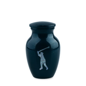 Navy golf-themed ceramic urn on white background.