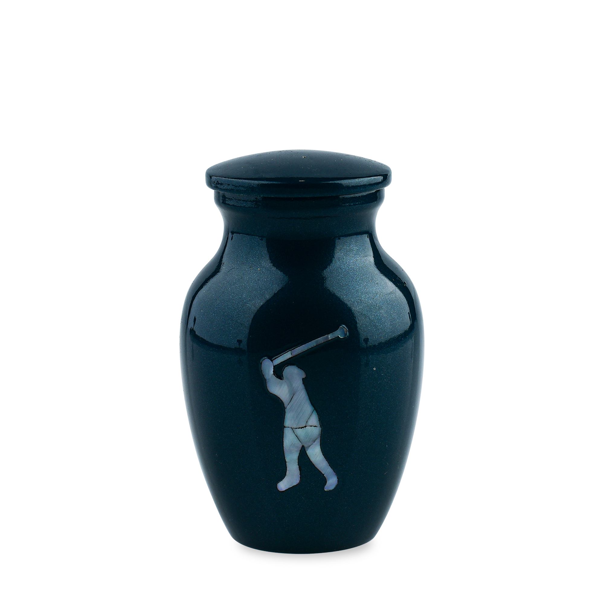 Navy golf-themed ceramic urn on white background.