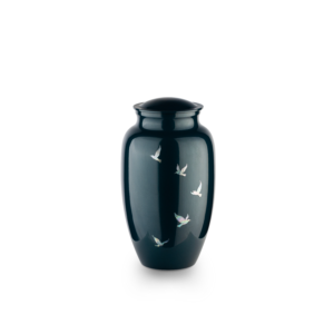 Black urn with white bird design on white background.