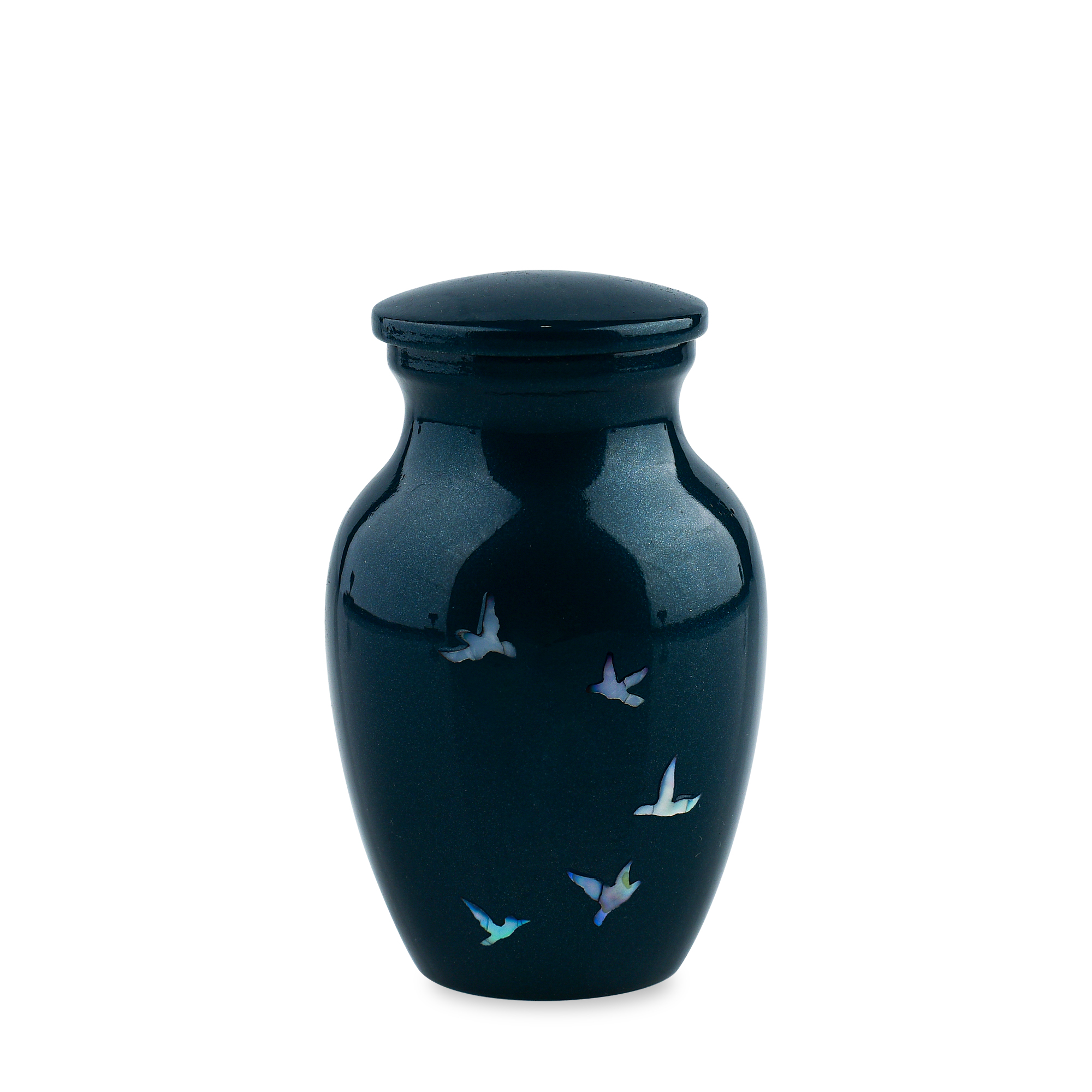 Blue ceramic vase with bird design, isolated background.