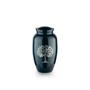 Black urn with silver tree design on white background.