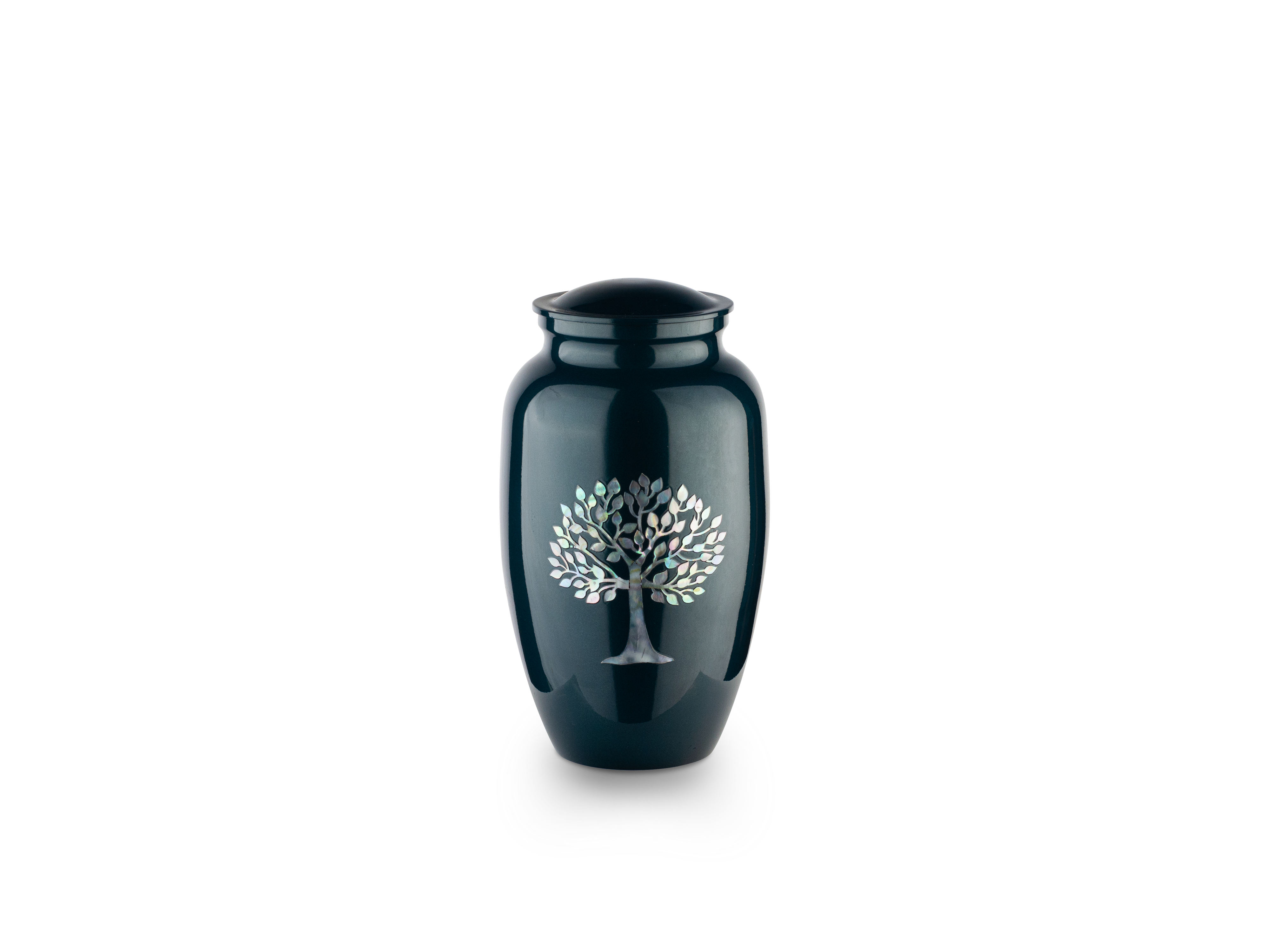 Black urn with silver tree design on white background.