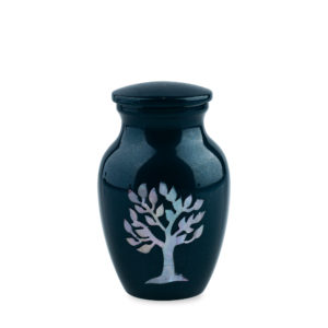 Black urn with white tree design