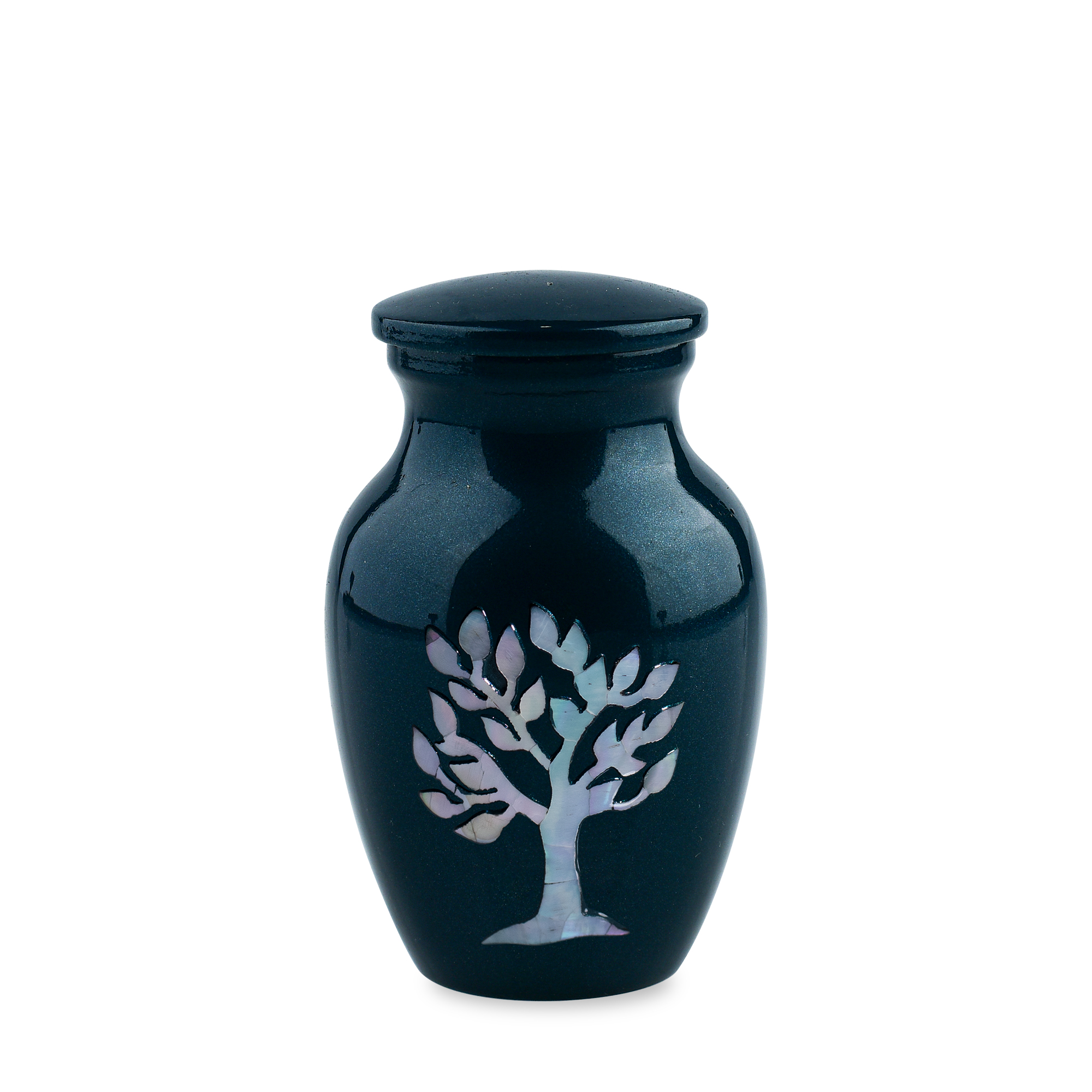 Black urn with white tree design