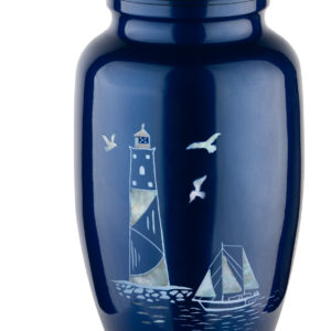 Blue vase with lighthouse and sailboat design.