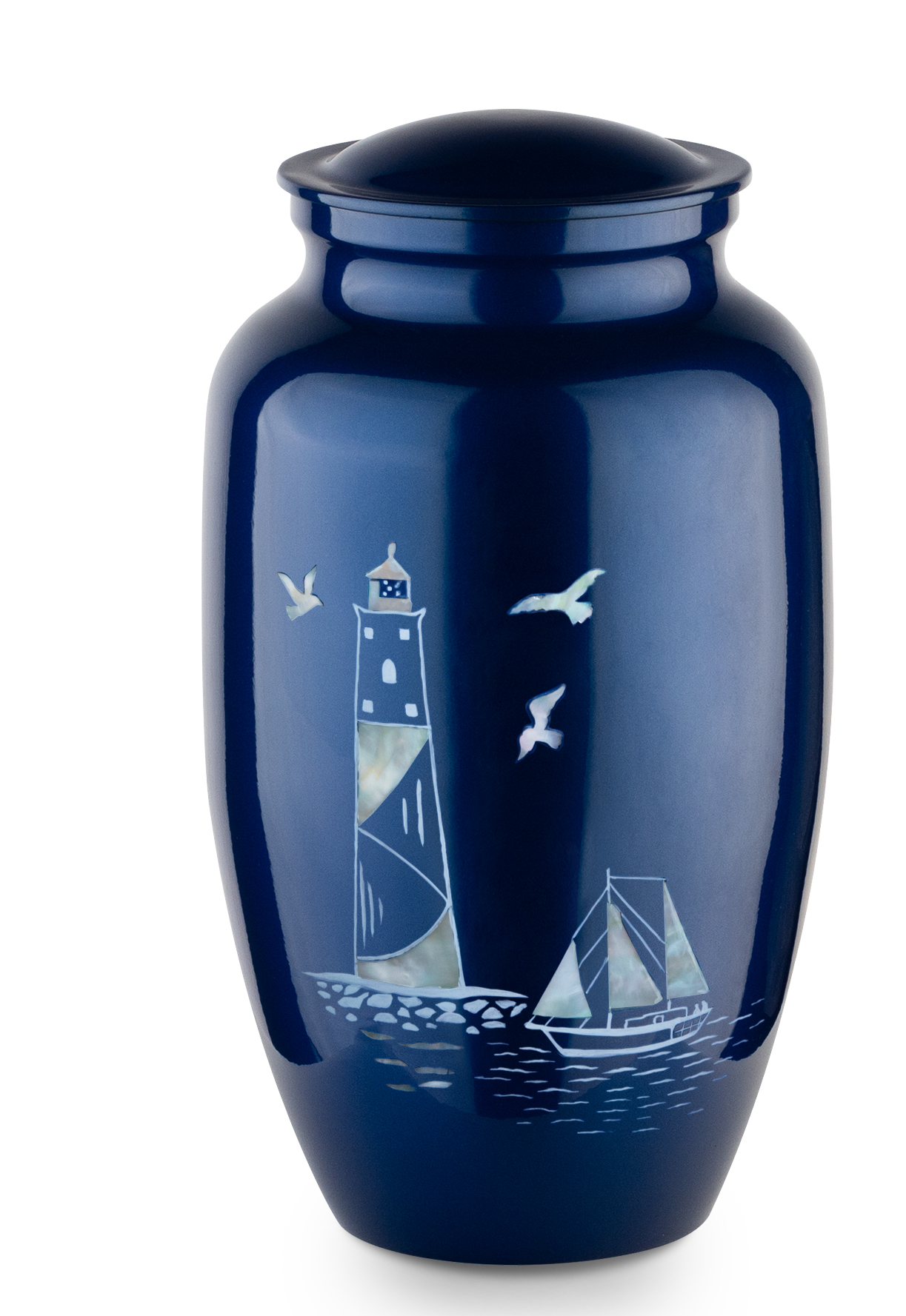 Blue vase with lighthouse and sailboat design.