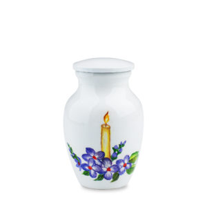 Decorative candle painted ceramic urn vase on white background.