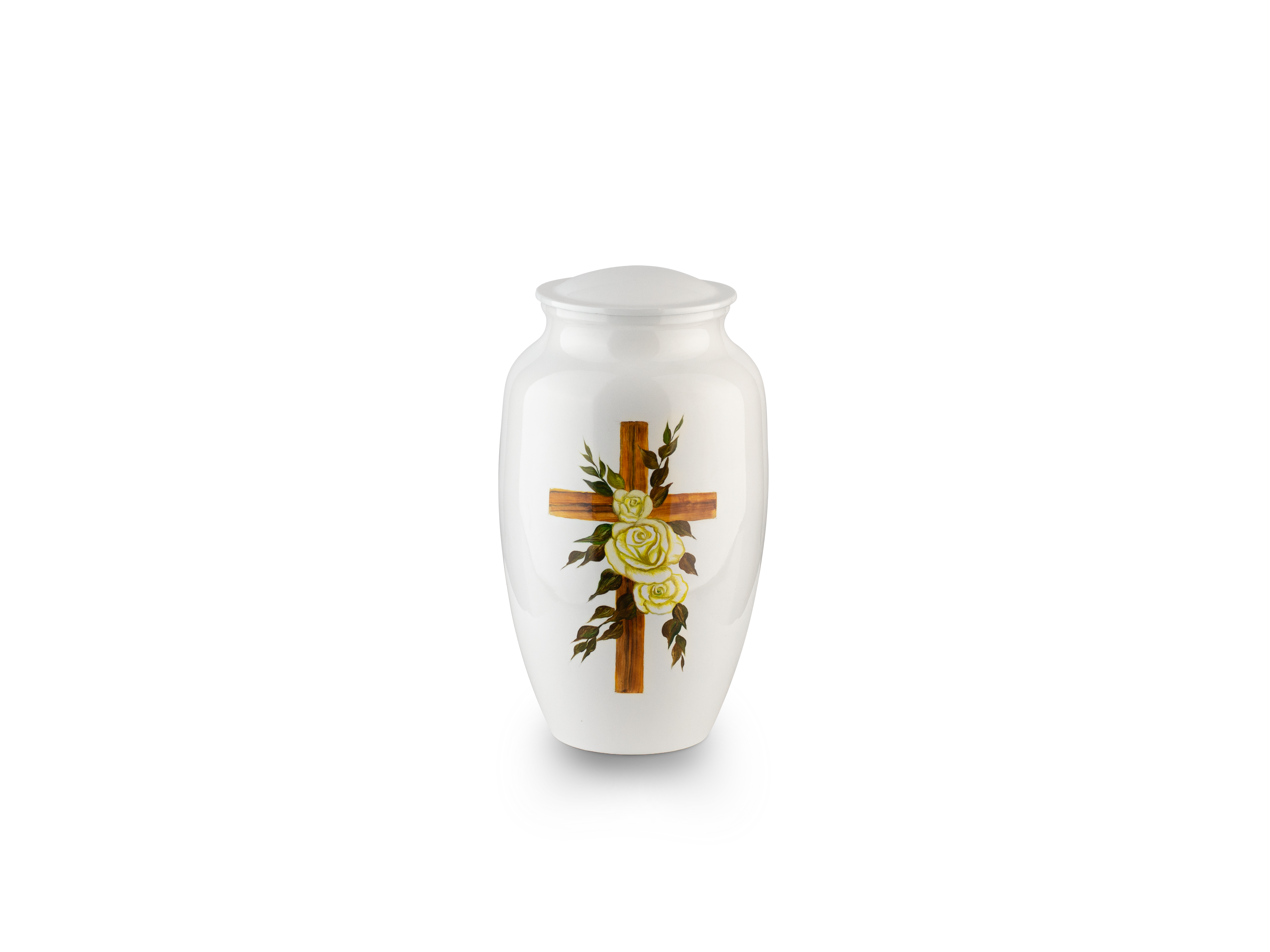 Decorative funeral urn with floral cross design.