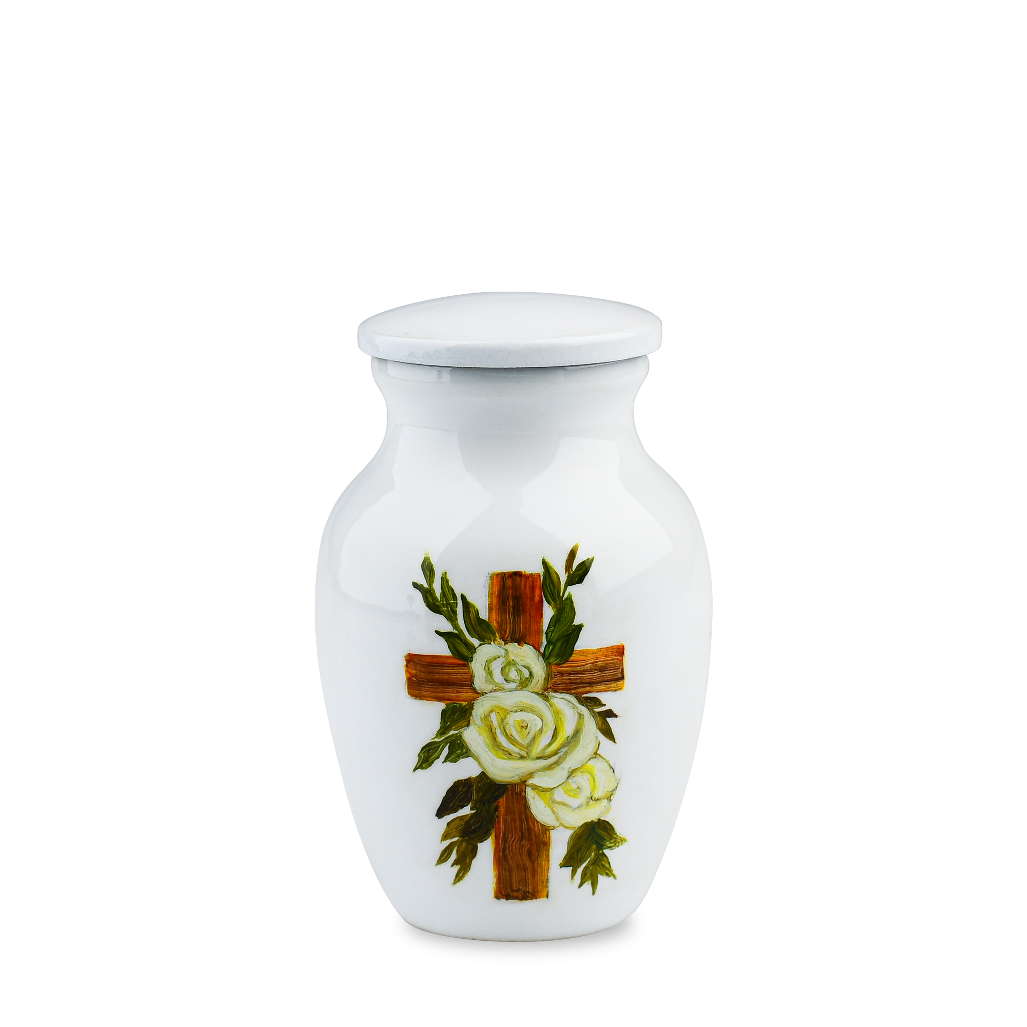 Ceramic urn with floral cross design on white background.