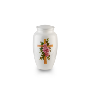 Floral cross urn on white background.