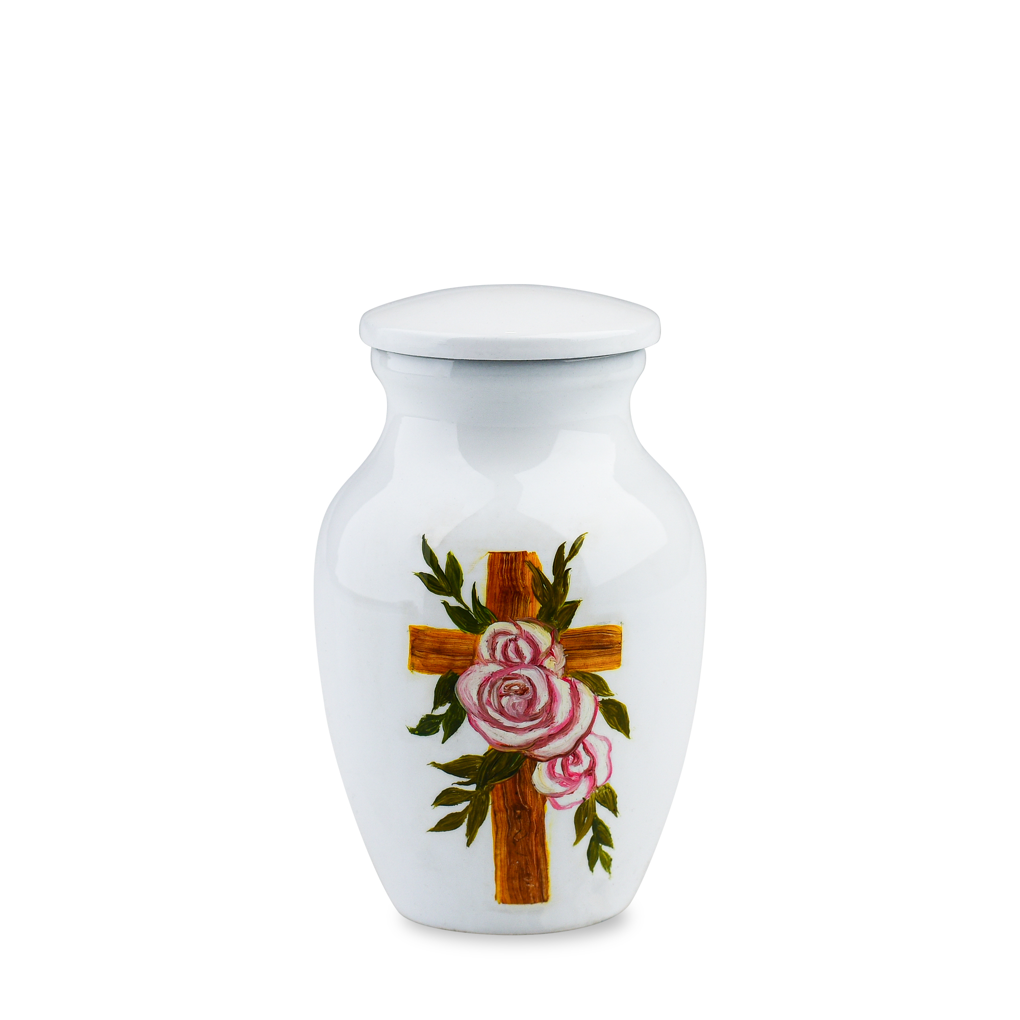 Decorative urn with floral cross design on white background.