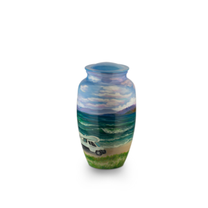 Painted vase with landscape and camper van design.