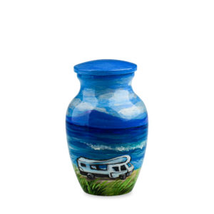 Hand-painted vase with seascape and RV design.