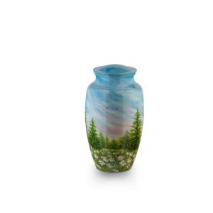 Hand-painted landscape vase on white background.