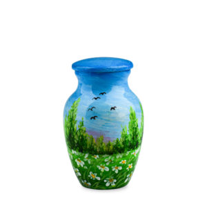 Hand-painted blue vase with landscape design.