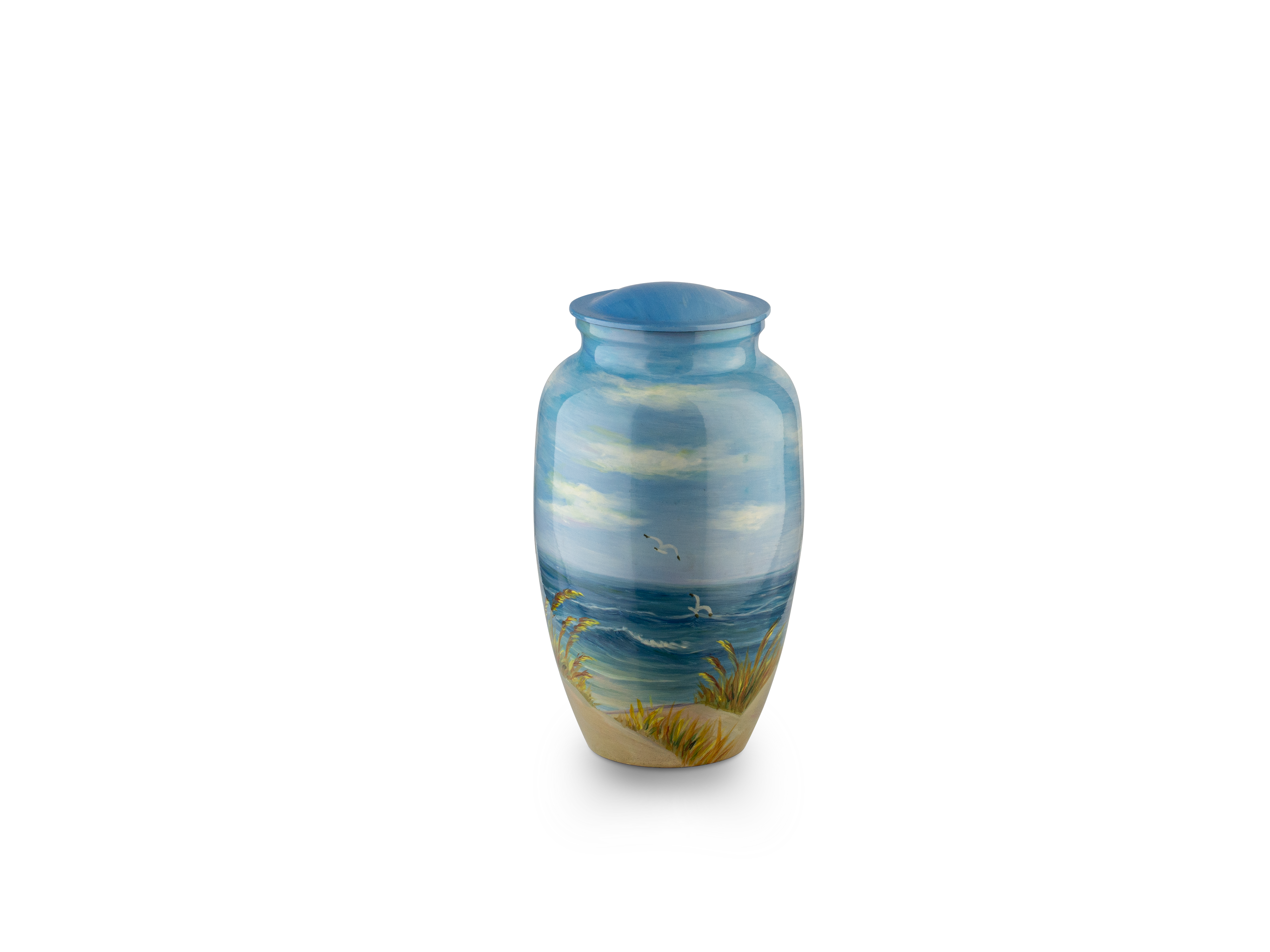 Hand-painted blue ceramic vase on white background.