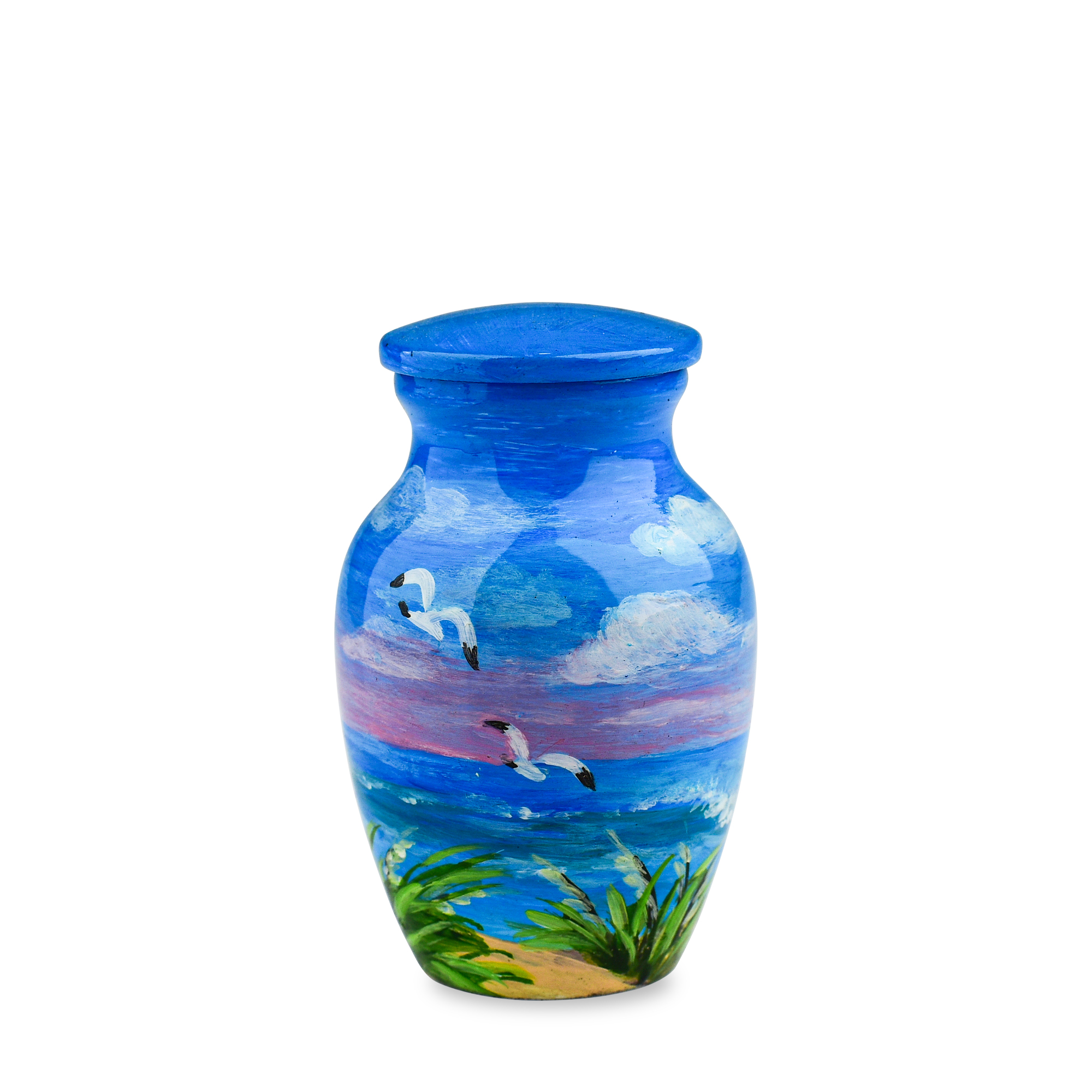 Hand-painted blue vase with birds and landscape design.